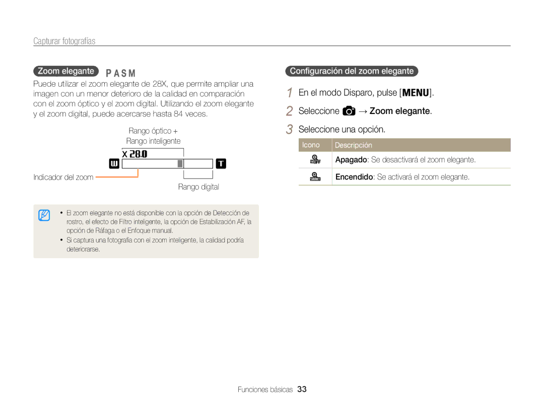 Samsung EC-WB850FBPBIL, EC-WB850FBPBE1, EC-WB850FBPBAE, EC-WB850FBPBTW manual Zoom elegante , Configuración del zoom elegante  